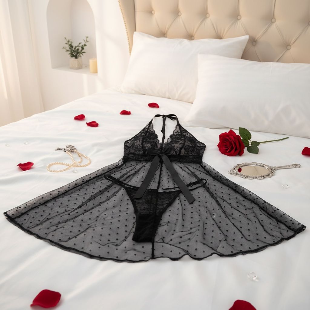 Conjunto de camisón de encaje negro con escote en V profundo - Colección Noche Bellamour Lux
